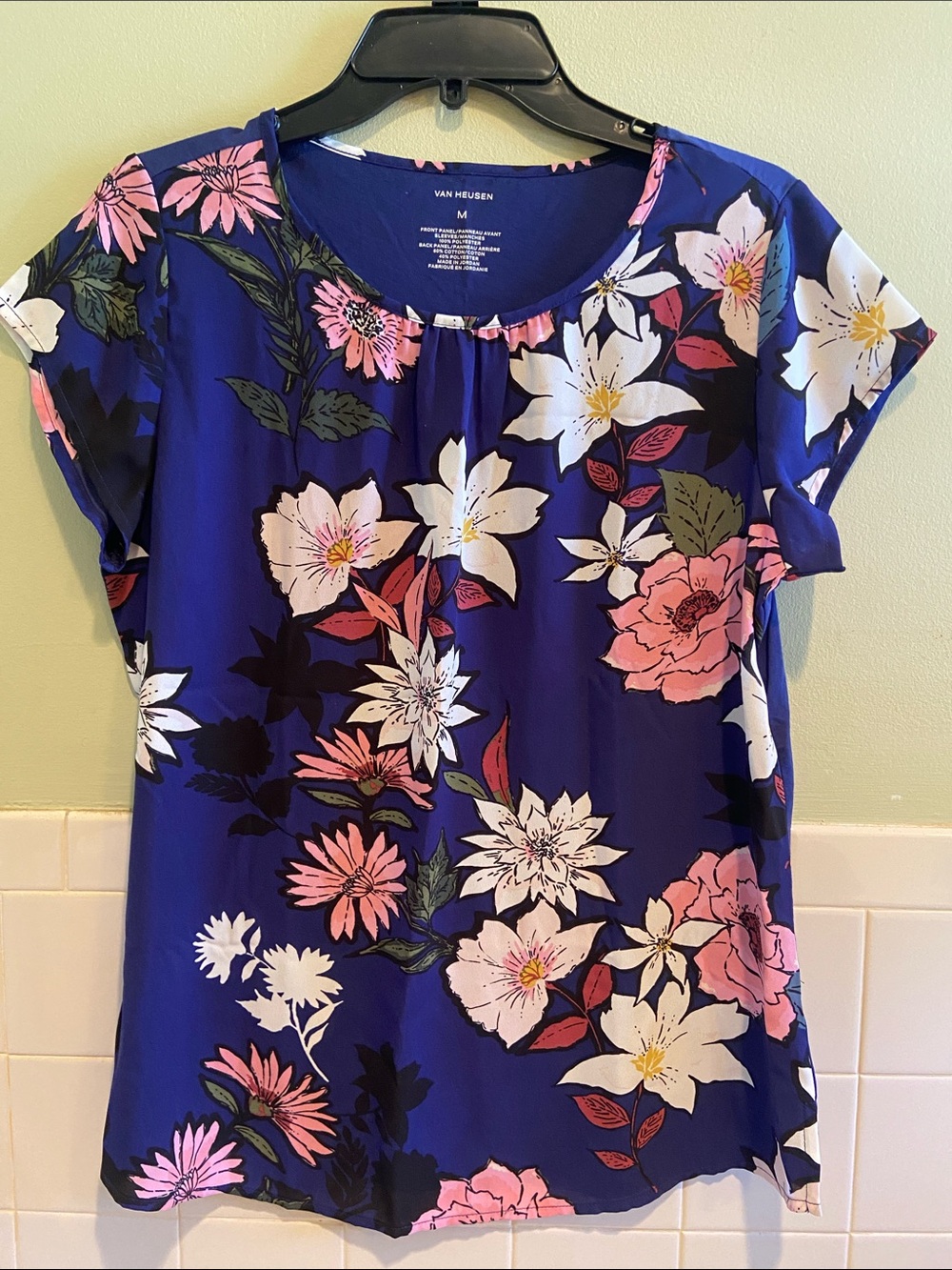 🩷 Van Heusen Royal Blue Floral Short Sleeve Blouse Size Medium